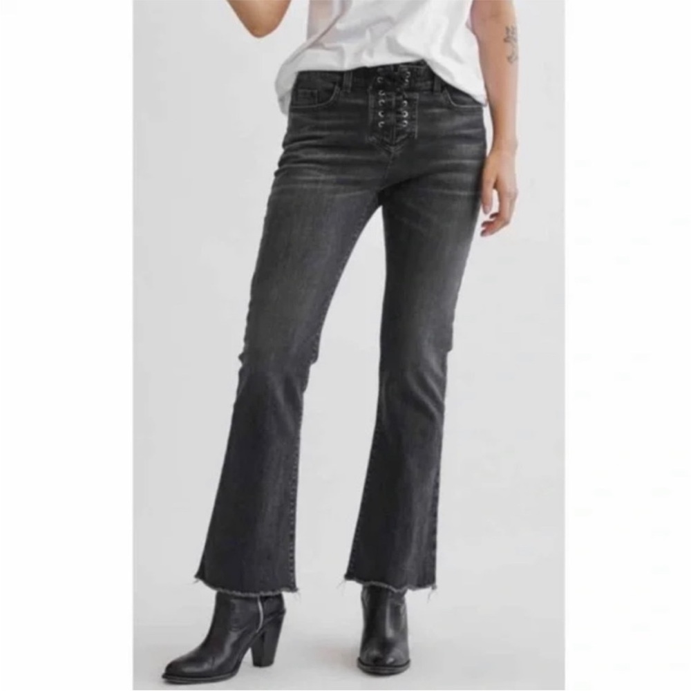 Nili Lotan Vianca Lace Up Cropped Wide Leg Jeans Black Grey Wash 25